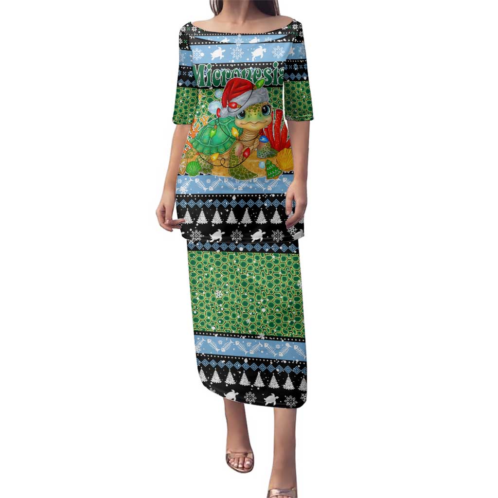 Micronesia Christmas Family Matching Puletasi and Hawaiian Shirt with Santa Turtle Coral Reef and Holiday Ocean Pattern TS04 Mom's Dress Black Green - Polynesian Pride