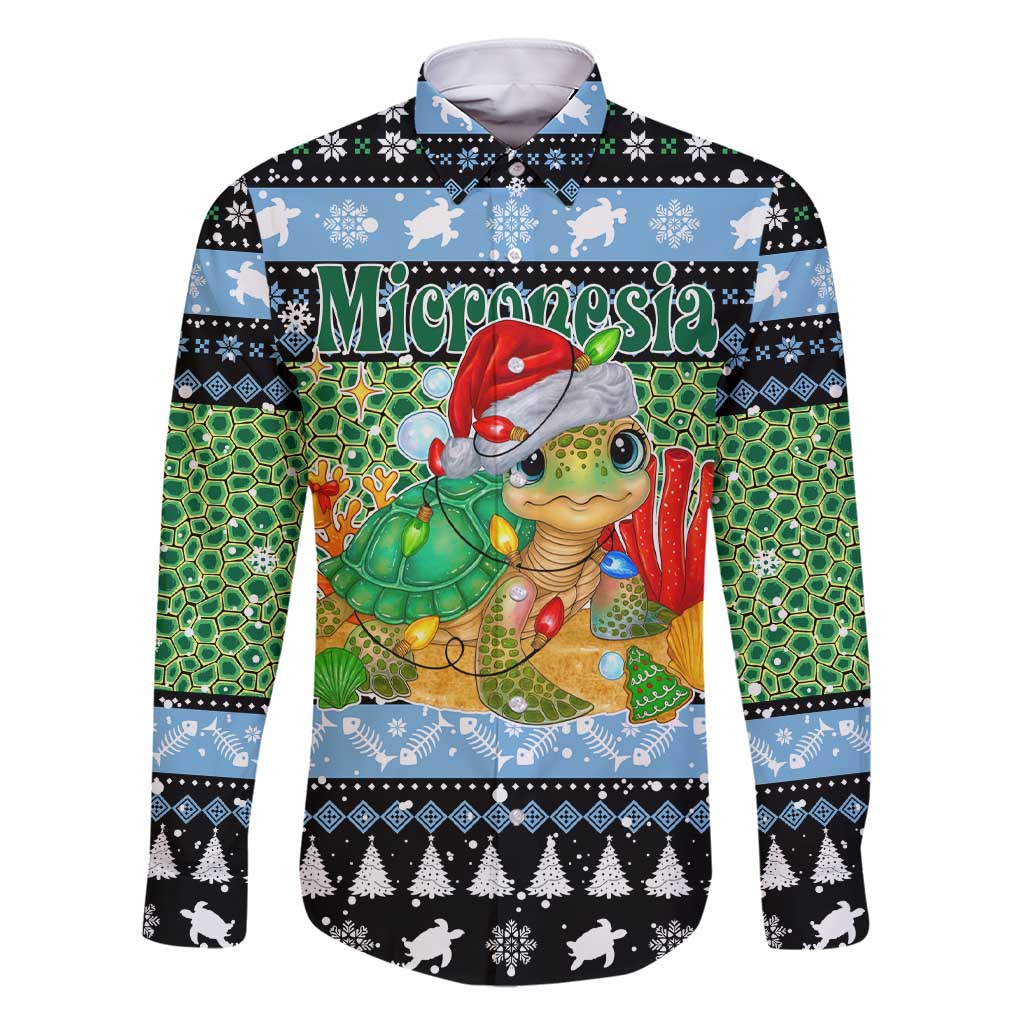 Micronesia Christmas Family Matching Short Sleeve Bodycon Dress and Hawaiian Shirt with Santa Turtle Coral Reef and Holiday Ocean Pattern TS04 Dad's Shirt - Long Sleeve Black Green - Polynesian Pride