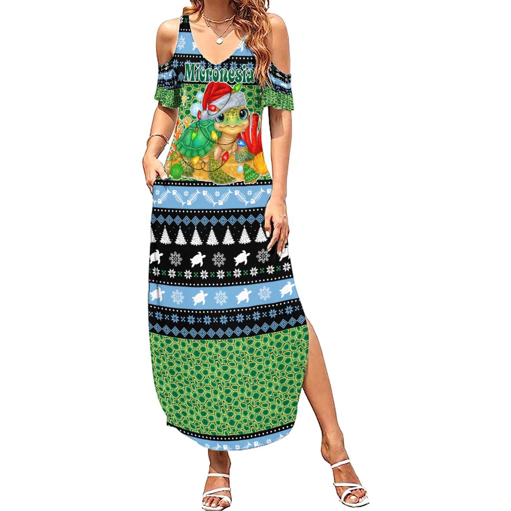 Micronesia Christmas Family Matching Summer Maxi Dress and Hawaiian Shirt with Santa Turtle Coral Reef and Holiday Ocean Pattern TS04 Mom's Dress Black Green - Polynesian Pride