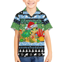 Micronesia Christmas Family Matching Summer Maxi Dress and Hawaiian Shirt with Santa Turtle Coral Reef and Holiday Ocean Pattern TS04 Son's Shirt Black Green - Polynesian Pride