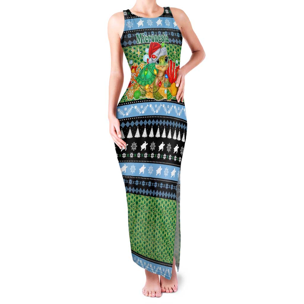 Micronesia Christmas Family Matching Tank Maxi Dress and Hawaiian Shirt with Santa Turtle Coral Reef and Holiday Ocean Pattern TS04 Mom's Dress Black Green - Polynesian Pride
