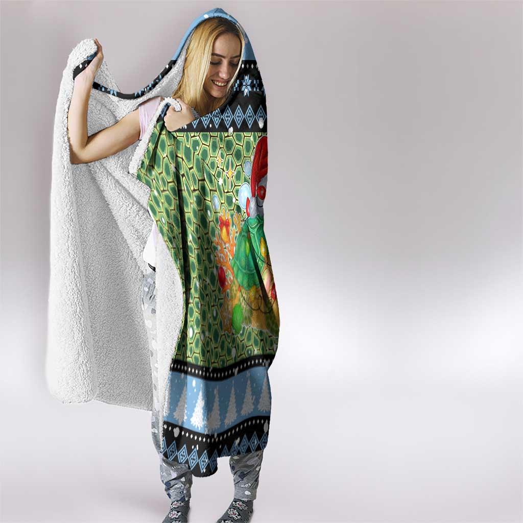 Micronesia Christmas Hooded Blanket with Santa Turtle Coral Reef and Holiday Ocean Pattern - Polynesian Pride