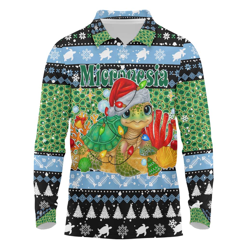 Micronesia Christmas Long Sleeve Polo Shirt with Santa Turtle Coral Reef and Holiday Ocean Pattern TS04 Black Green - Polynesian Pride