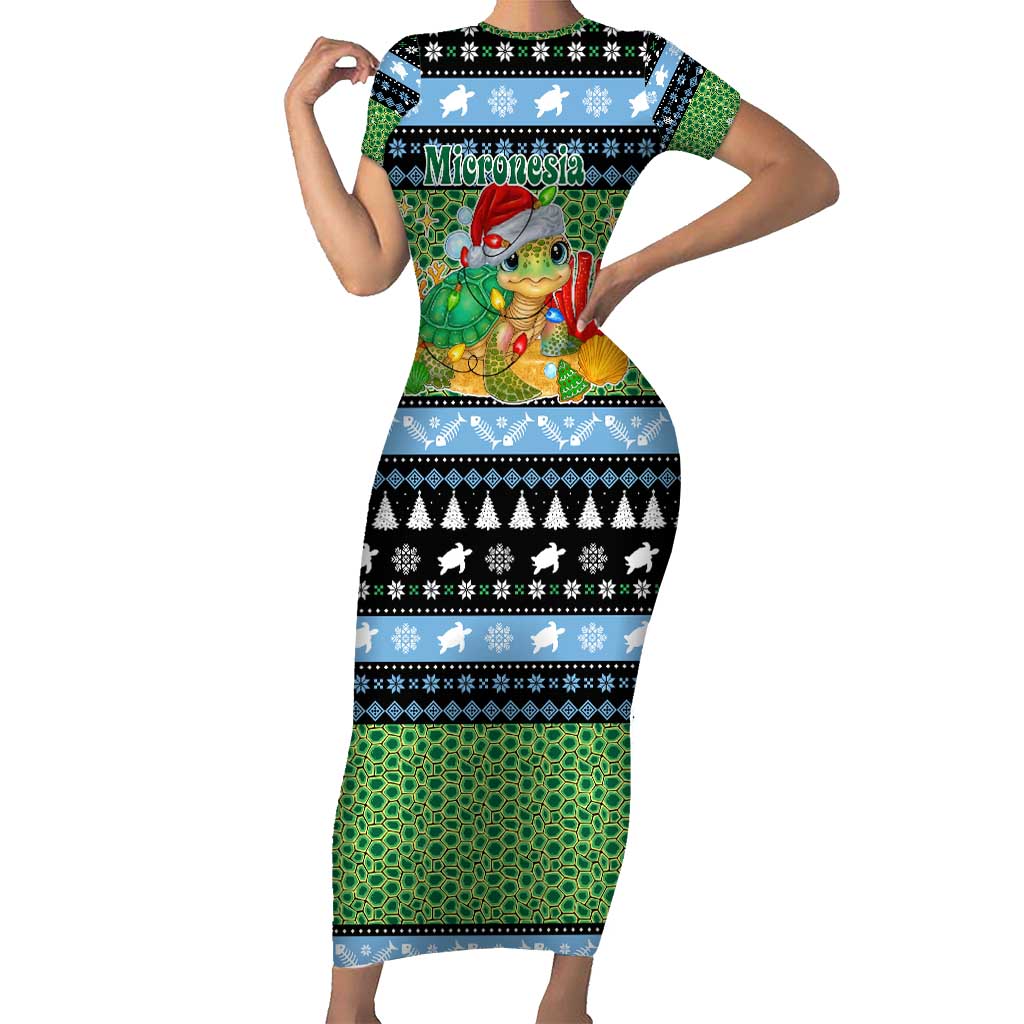 Micronesia Christmas Short Sleeve Bodycon Dress with Santa Turtle Coral Reef and Holiday Ocean Pattern - Polynesian Pride