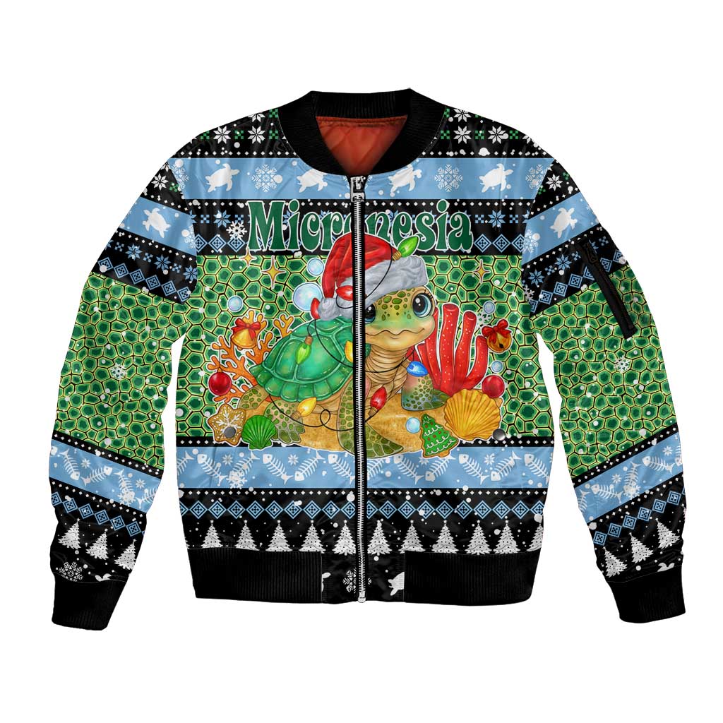 Micronesia Christmas Sleeve Zip Bomber Jacket with Santa Turtle Coral Reef and Holiday Ocean Pattern TS04 Unisex Black Green - Polynesian Pride