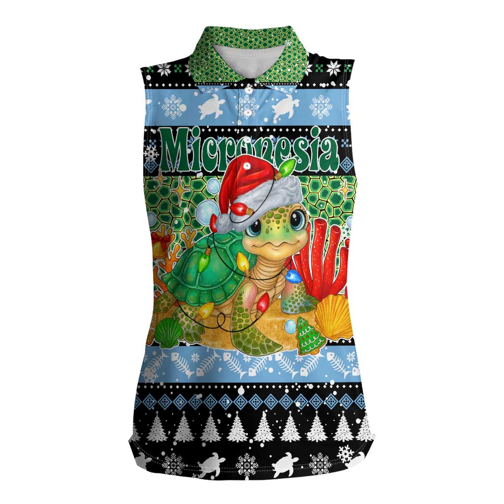 Micronesia Christmas Women Sleeveless Polo Shirt with Santa Turtle Coral Reef and Holiday Ocean Pattern TS04 Female Black Green - Polynesian Pride