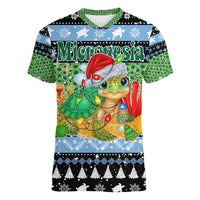 Micronesia Christmas Women V-Neck T-Shirt with Santa Turtle Coral Reef and Holiday Ocean Pattern TS04 Female Black Green - Polynesian Pride