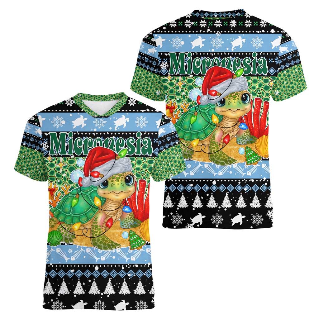 Micronesia Christmas Women V-Neck T-Shirt with Santa Turtle Coral Reef and Holiday Ocean Pattern TS04 - Polynesian Pride