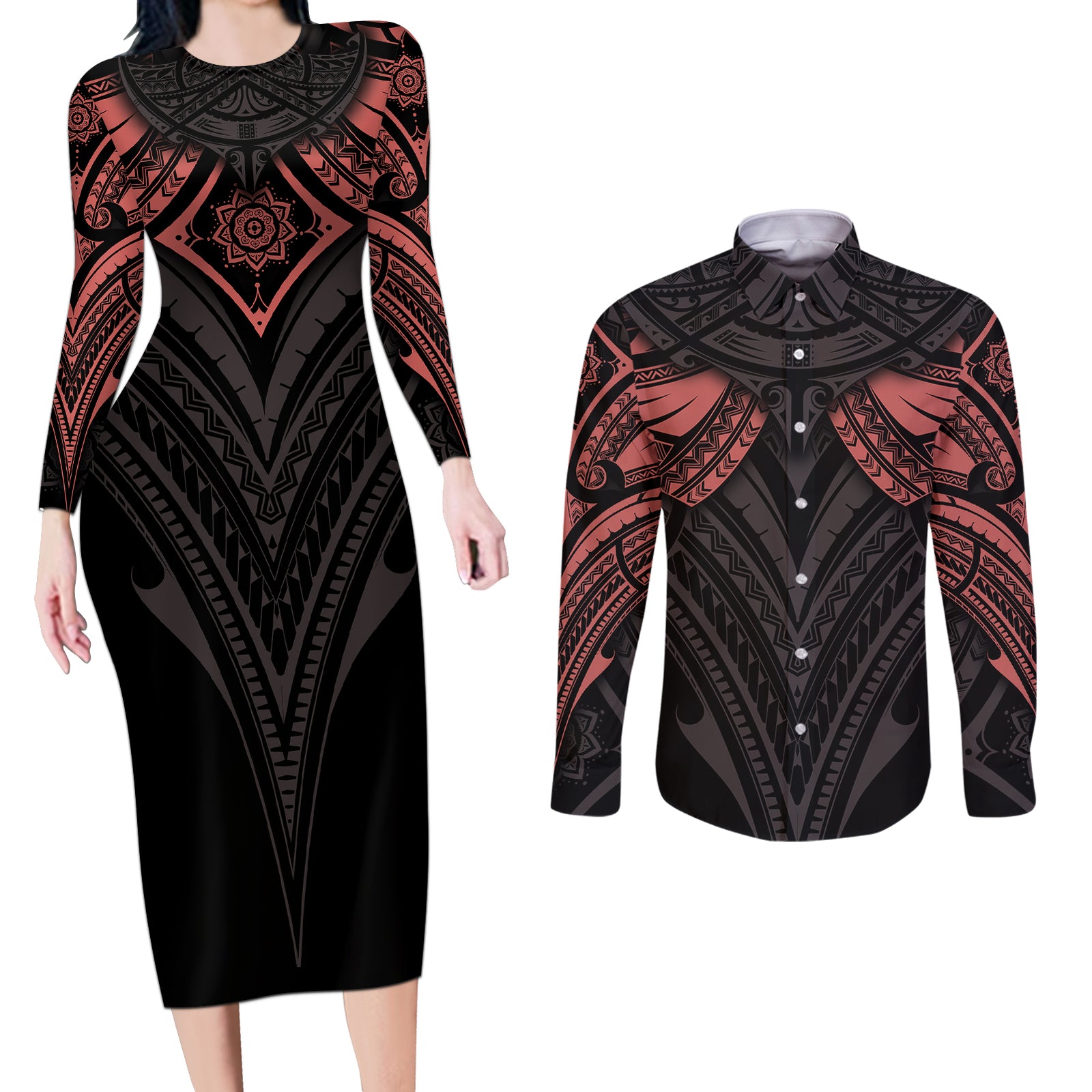 Feminine Polynesian Couples Matching Long Sleeve Bodycon Dress and Long Sleeve Button Shirts Mandala Tattoo Style TS04 Black - Polynesian Pride