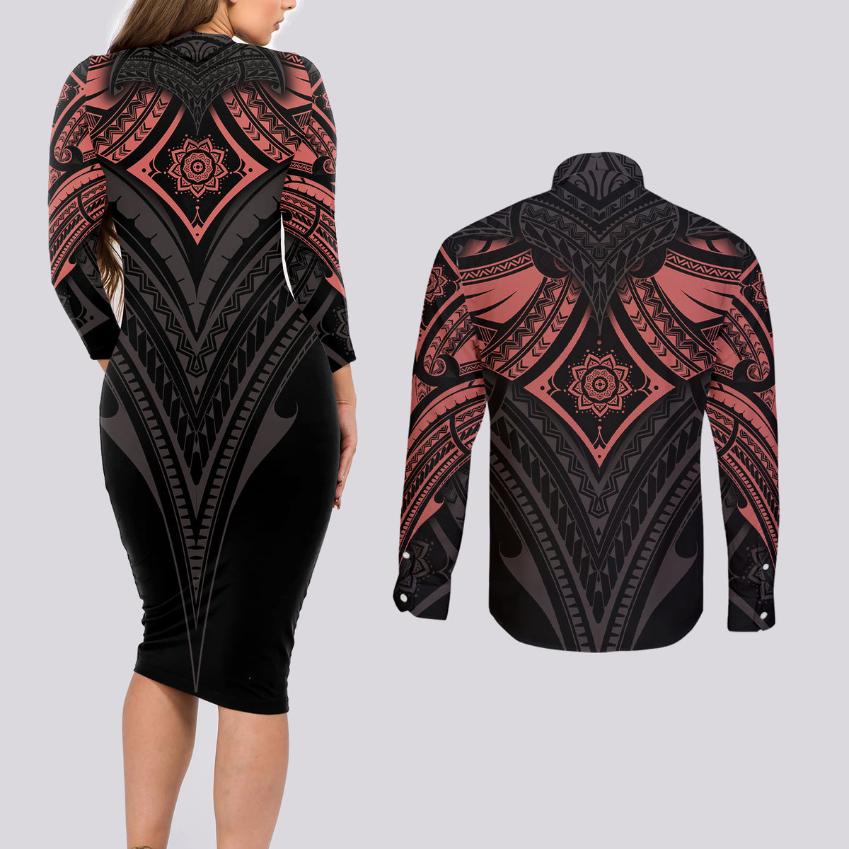 Feminine Polynesian Couples Matching Long Sleeve Bodycon Dress and Long Sleeve Button Shirts Mandala Tattoo Style TS04 - Polynesian Pride