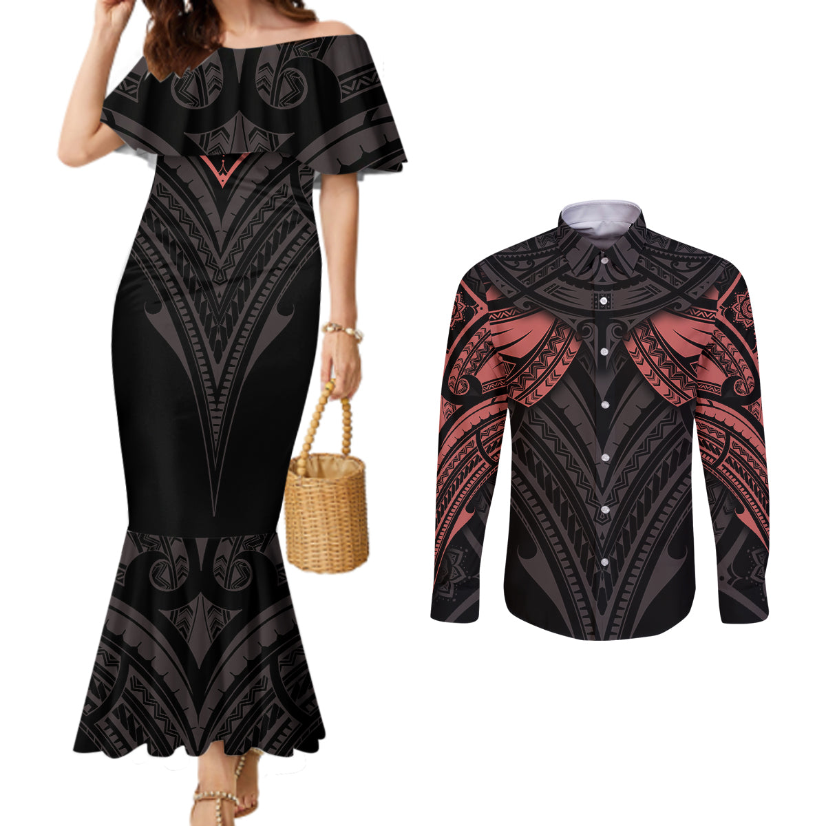 Feminine Polynesian Couples Matching Mermaid Dress and Long Sleeve Button Shirts Mandala Tattoo Style TS04 Black - Polynesian Pride