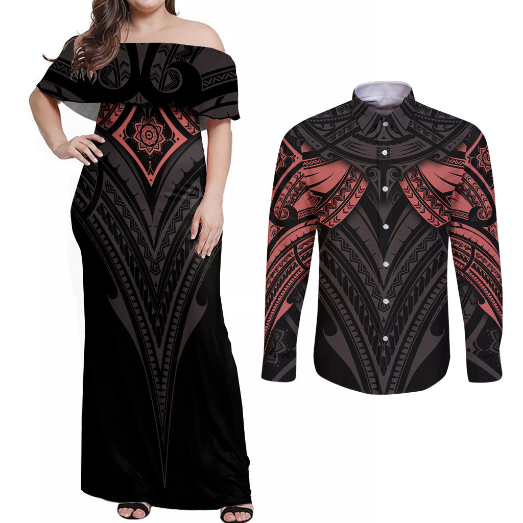 Feminine Polynesian Couples Matching Off Shoulder Maxi Dress and Long Sleeve Button Shirts Mandala Tattoo Style TS04 Black - Polynesian Pride