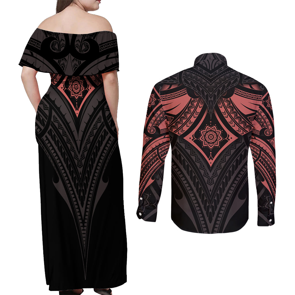 Feminine Polynesian Couples Matching Off Shoulder Maxi Dress and Long Sleeve Button Shirts Mandala Tattoo Style TS04 - Polynesian Pride