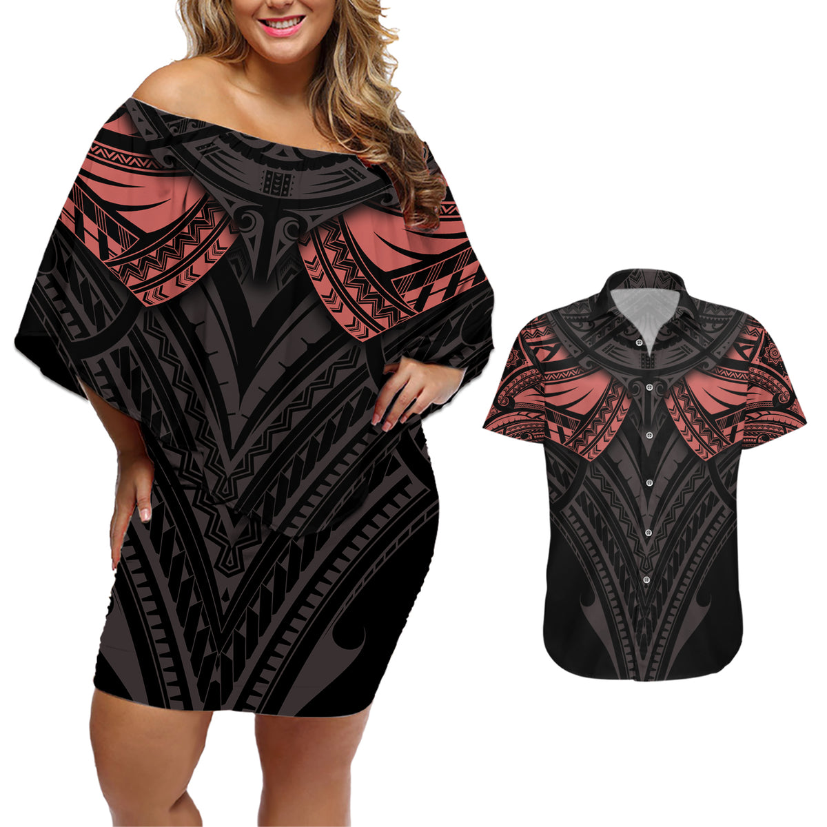 Feminine Polynesian Couples Matching Off Shoulder Short Dress and Hawaiian Shirt Mandala Tattoo Style TS04 Black - Polynesian Pride