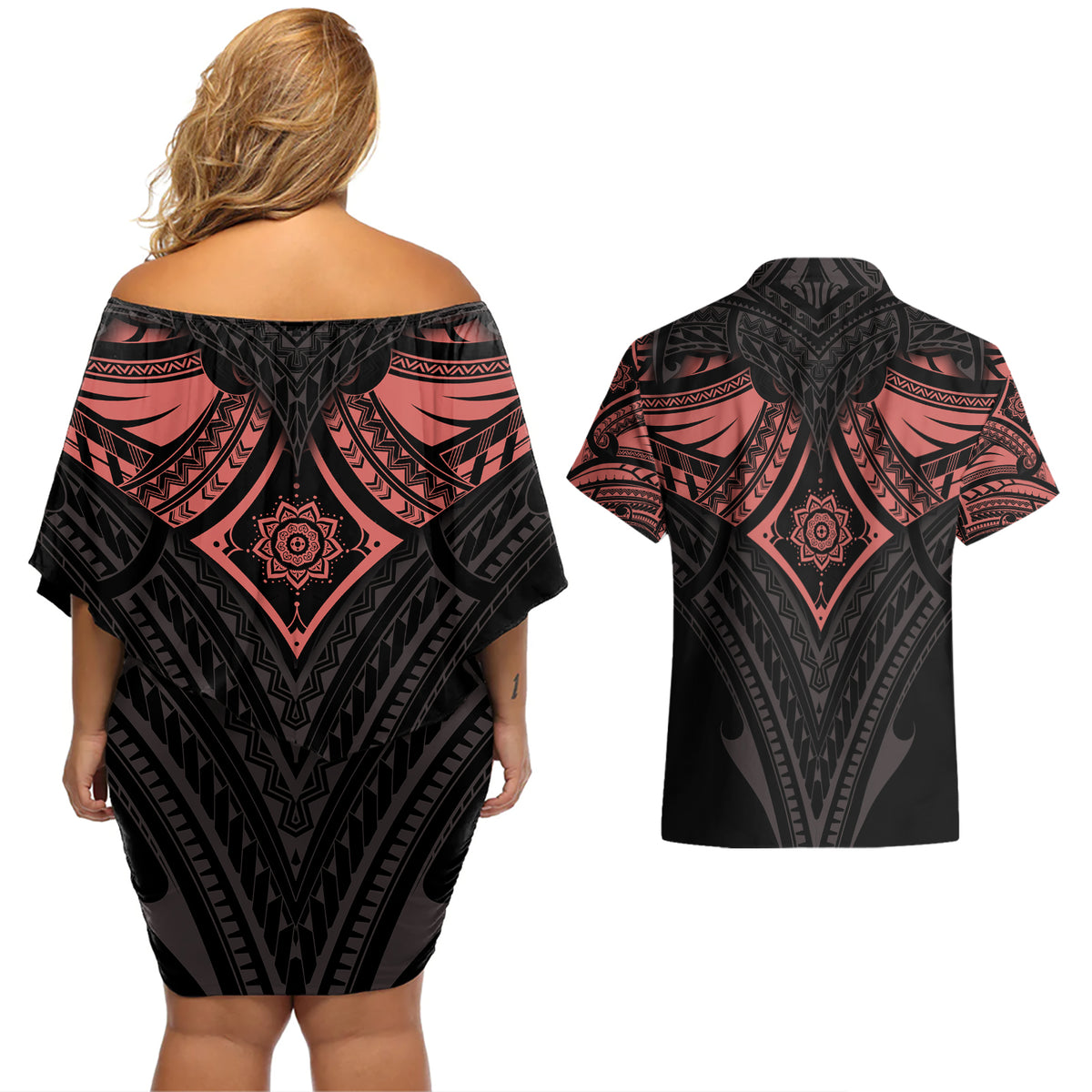 Feminine Polynesian Couples Matching Off Shoulder Short Dress and Hawaiian Shirt Mandala Tattoo Style TS04 - Polynesian Pride