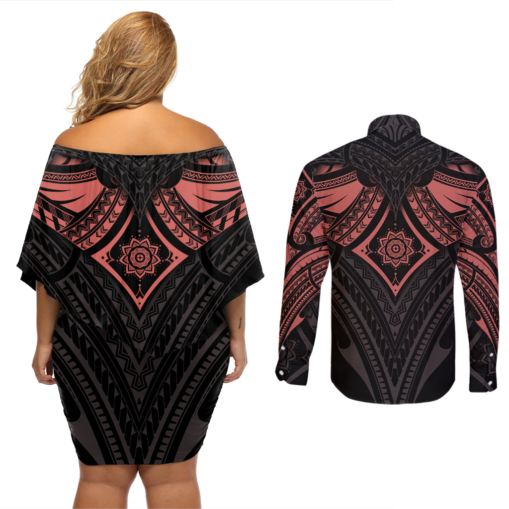 Feminine Polynesian Couples Matching Off Shoulder Short Dress and Long Sleeve Button Shirts Mandala Tattoo Style TS04 - Polynesian Pride
