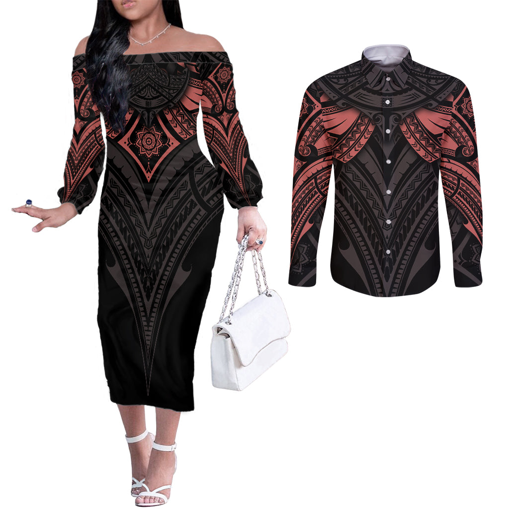 Feminine Polynesian Couples Matching Off The Shoulder Long Sleeve Dress and Long Sleeve Button Shirts Mandala Tattoo Style TS04 Black - Polynesian Pride