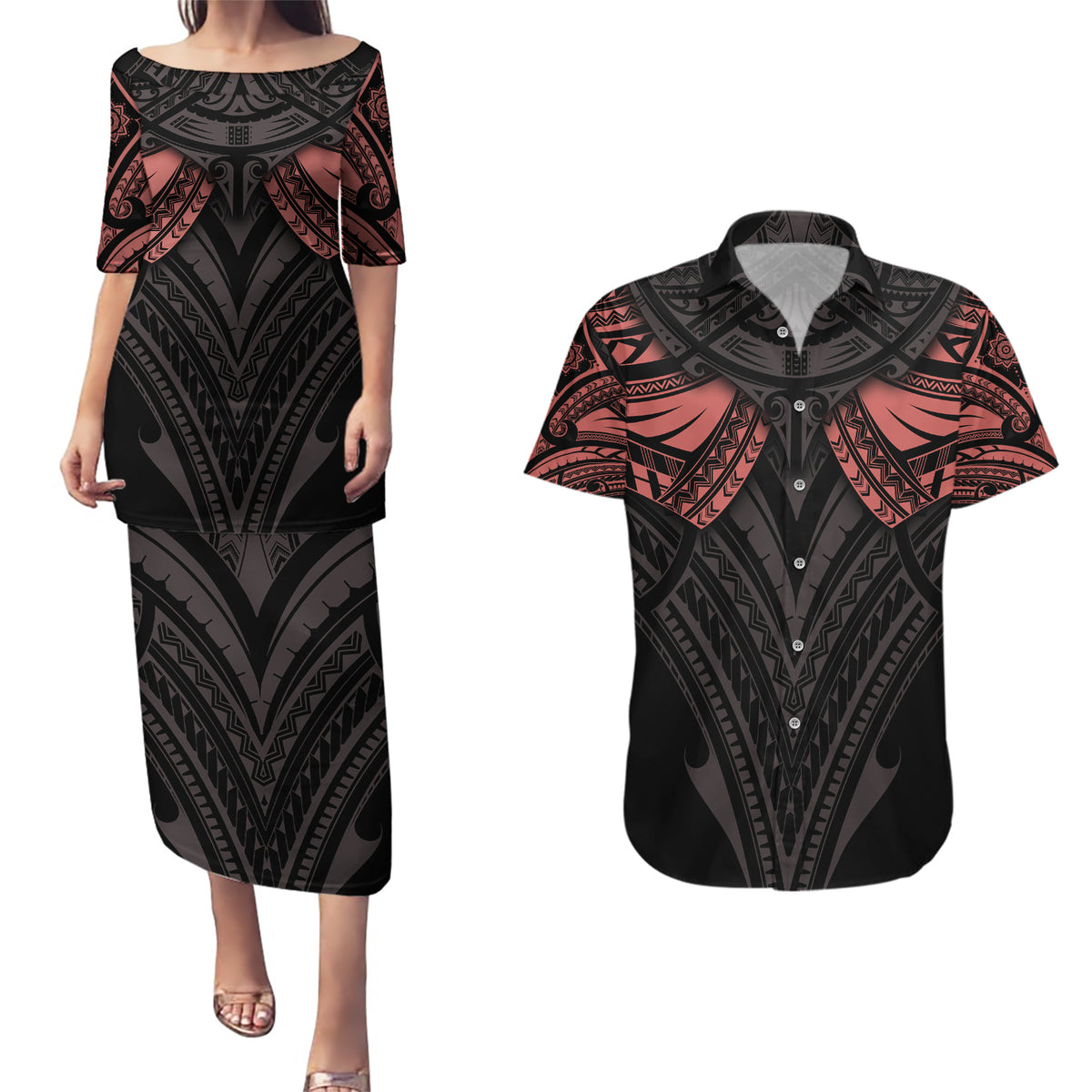 Feminine Polynesian Couples Matching Puletasi Dress and Hawaiian Shirt Mandala Tattoo Style TS04 Black - Polynesian Pride