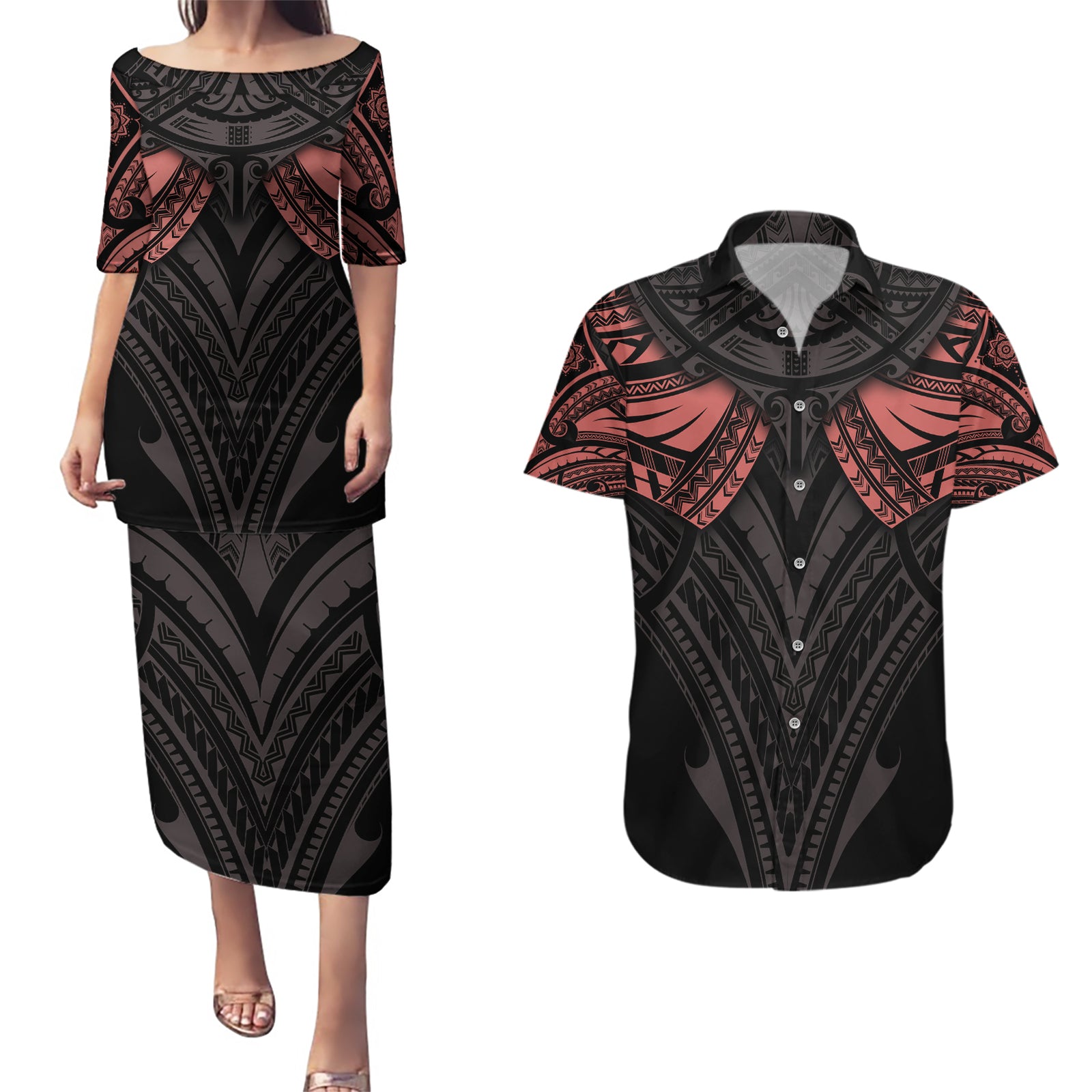Feminine Polynesian Couples Matching Puletasi Dress and Hawaiian Shirt Mandala Tattoo Style TS04 Black - Polynesian Pride