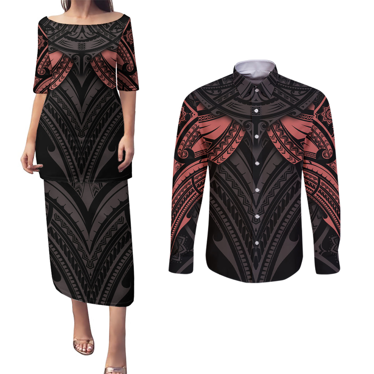 Feminine Polynesian Couples Matching Puletasi Dress and Long Sleeve Button Shirts Mandala Tattoo Style TS04 Black - Polynesian Pride