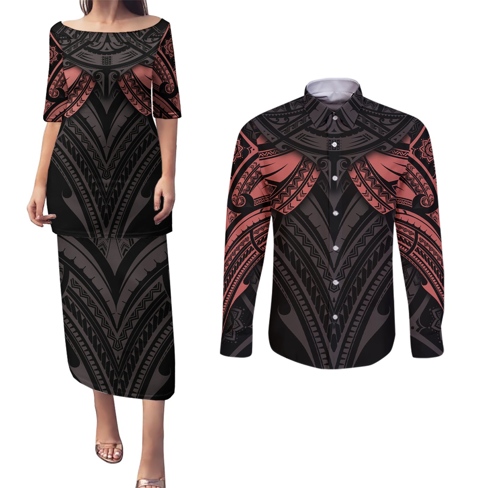 Feminine Polynesian Couples Matching Puletasi Dress and Long Sleeve Button Shirts Mandala Tattoo Style TS04 Black - Polynesian Pride