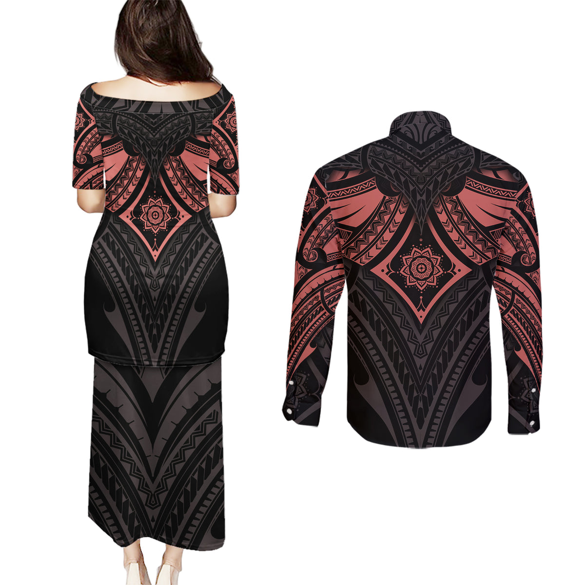 Feminine Polynesian Couples Matching Puletasi Dress and Long Sleeve Button Shirts Mandala Tattoo Style TS04 - Polynesian Pride