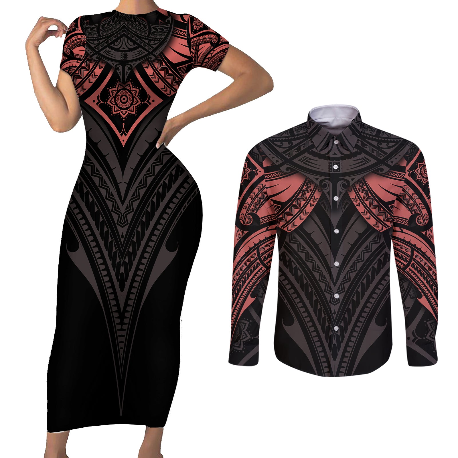 Feminine Polynesian Couples Matching Short Sleeve Bodycon Dress and Long Sleeve Button Shirts Mandala Tattoo Style TS04 Black - Polynesian Pride