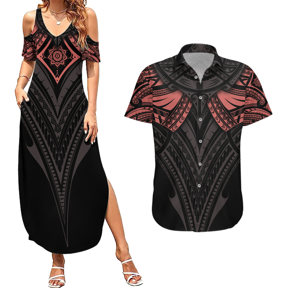 Feminine Polynesian Couples Matching Summer Maxi Dress and Hawaiian Shirt Mandala Tattoo Style TS04 Black - Polynesian Pride