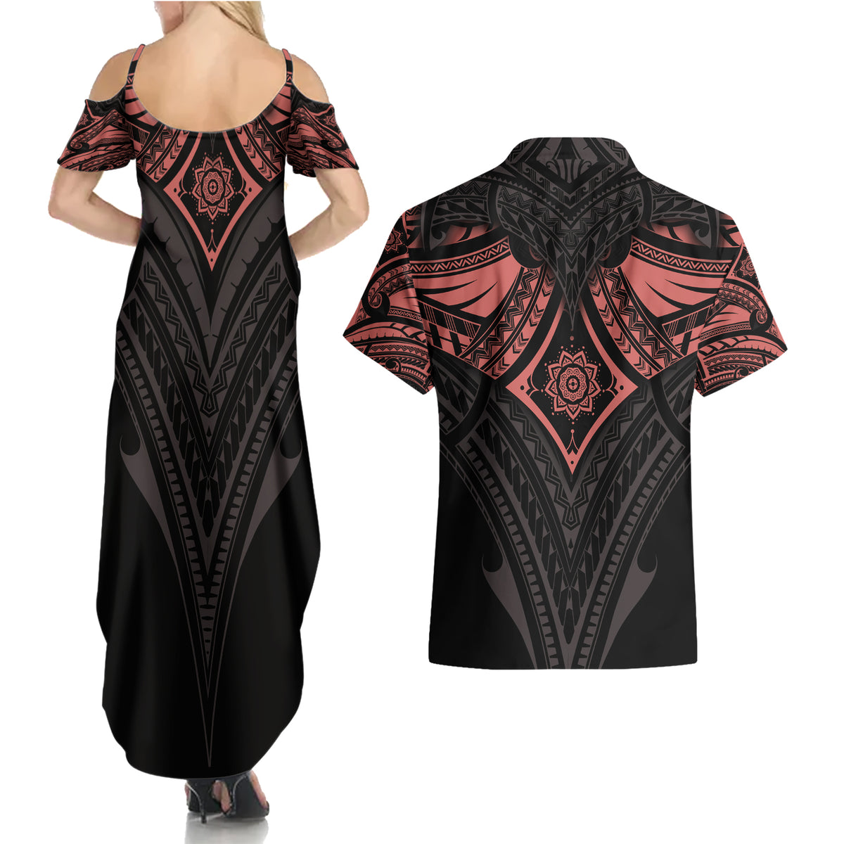 Feminine Polynesian Couples Matching Summer Maxi Dress and Hawaiian Shirt Mandala Tattoo Style TS04 - Polynesian Pride