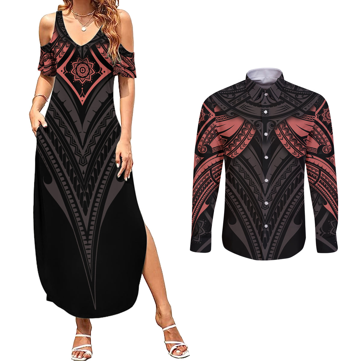 Feminine Polynesian Couples Matching Summer Maxi Dress and Long Sleeve Button Shirts Mandala Tattoo Style TS04 Black - Polynesian Pride
