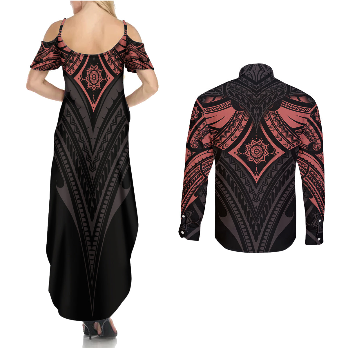 Feminine Polynesian Couples Matching Summer Maxi Dress and Long Sleeve Button Shirts Mandala Tattoo Style TS04 - Polynesian Pride