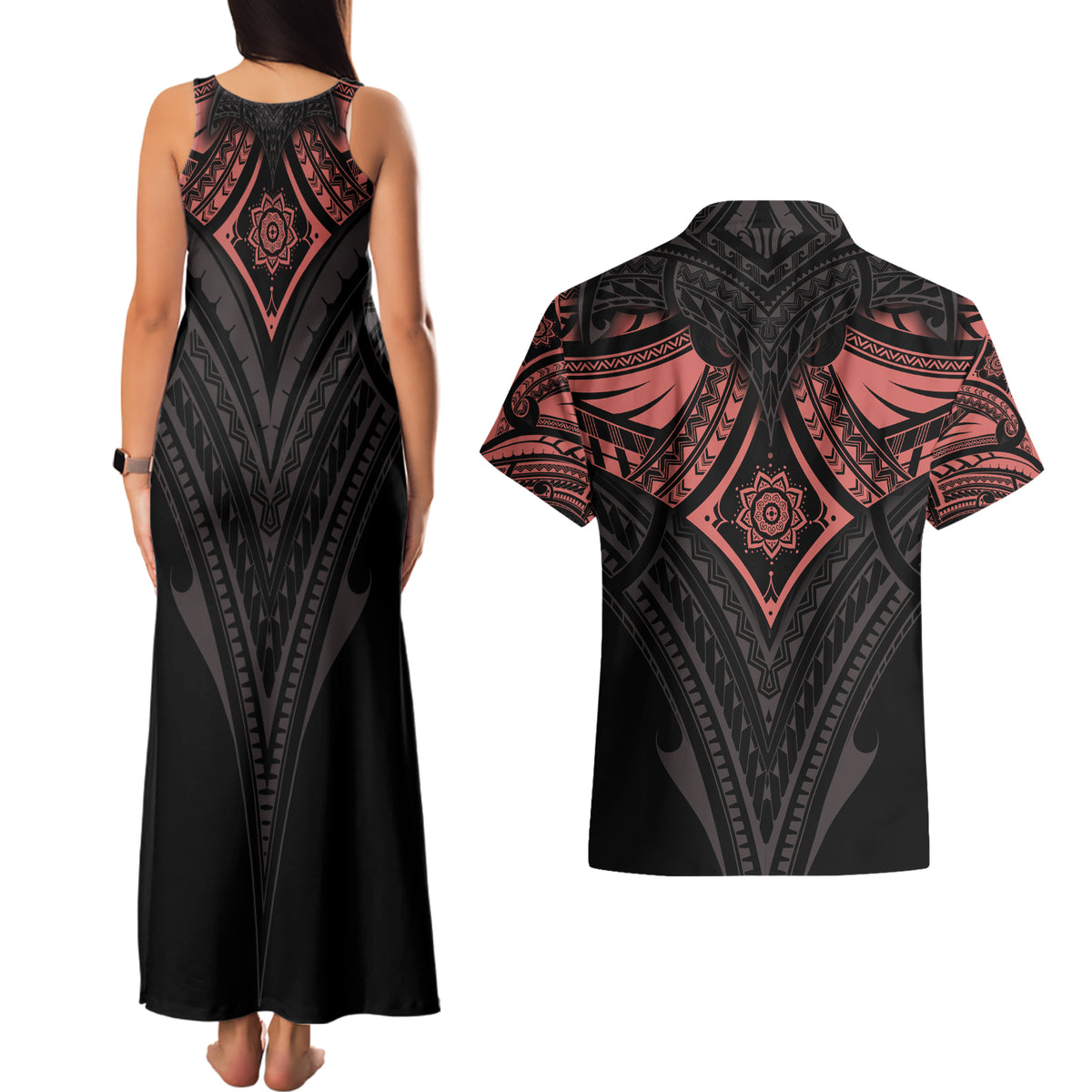 Feminine Polynesian Couples Matching Tank Maxi Dress and Hawaiian Shirt Mandala Tattoo Style TS04 - Polynesian Pride