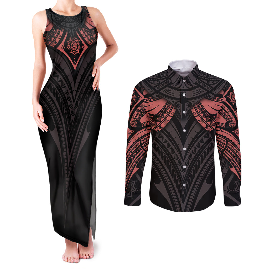 Feminine Polynesian Couples Matching Tank Maxi Dress and Long Sleeve Button Shirts Mandala Tattoo Style TS04 Black - Polynesian Pride