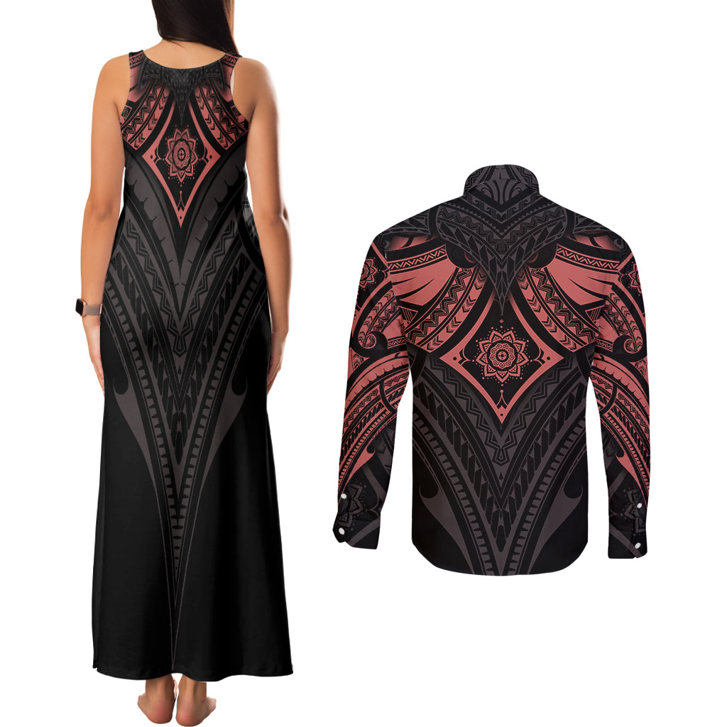 Feminine Polynesian Couples Matching Tank Maxi Dress and Long Sleeve Button Shirts Mandala Tattoo Style TS04 - Polynesian Pride