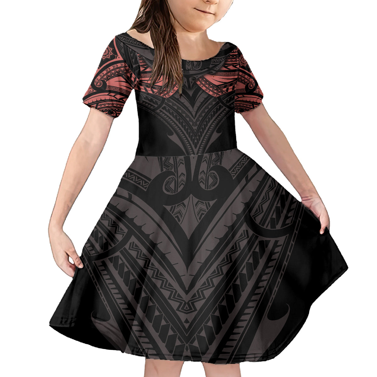 Feminine Polynesian Family Matching Long Sleeve Bodycon Dress and Hawaiian Shirt Mandala Tattoo Style TS04 Daughter's Dress Black - Polynesian Pride