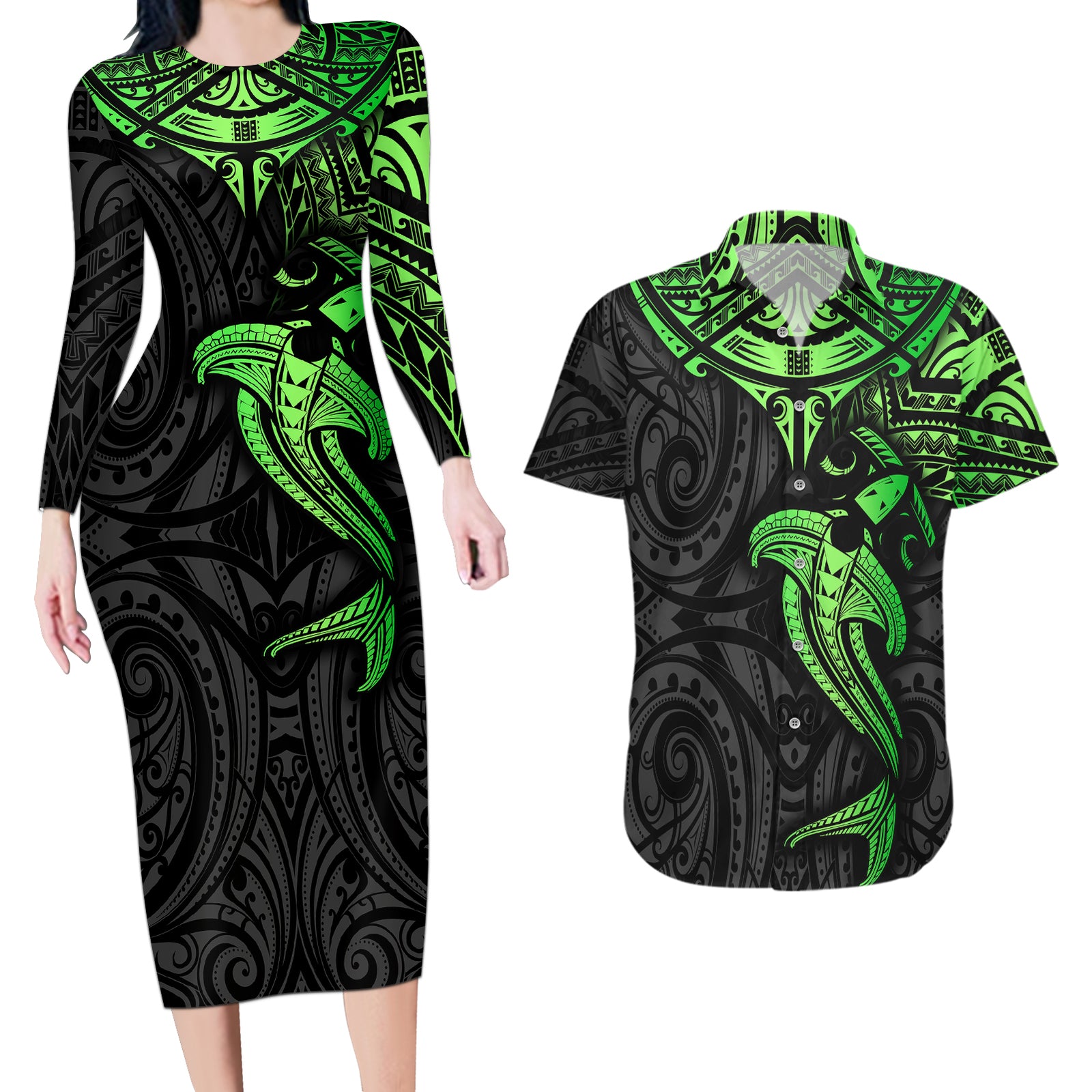 Polynesian Couples Matching Long Sleeve Bodycon Dress and Hawaiian Shirt Hammerhead Shark Tribal Pattern Black Green Version TS04 Black/Green - Polynesian Pride