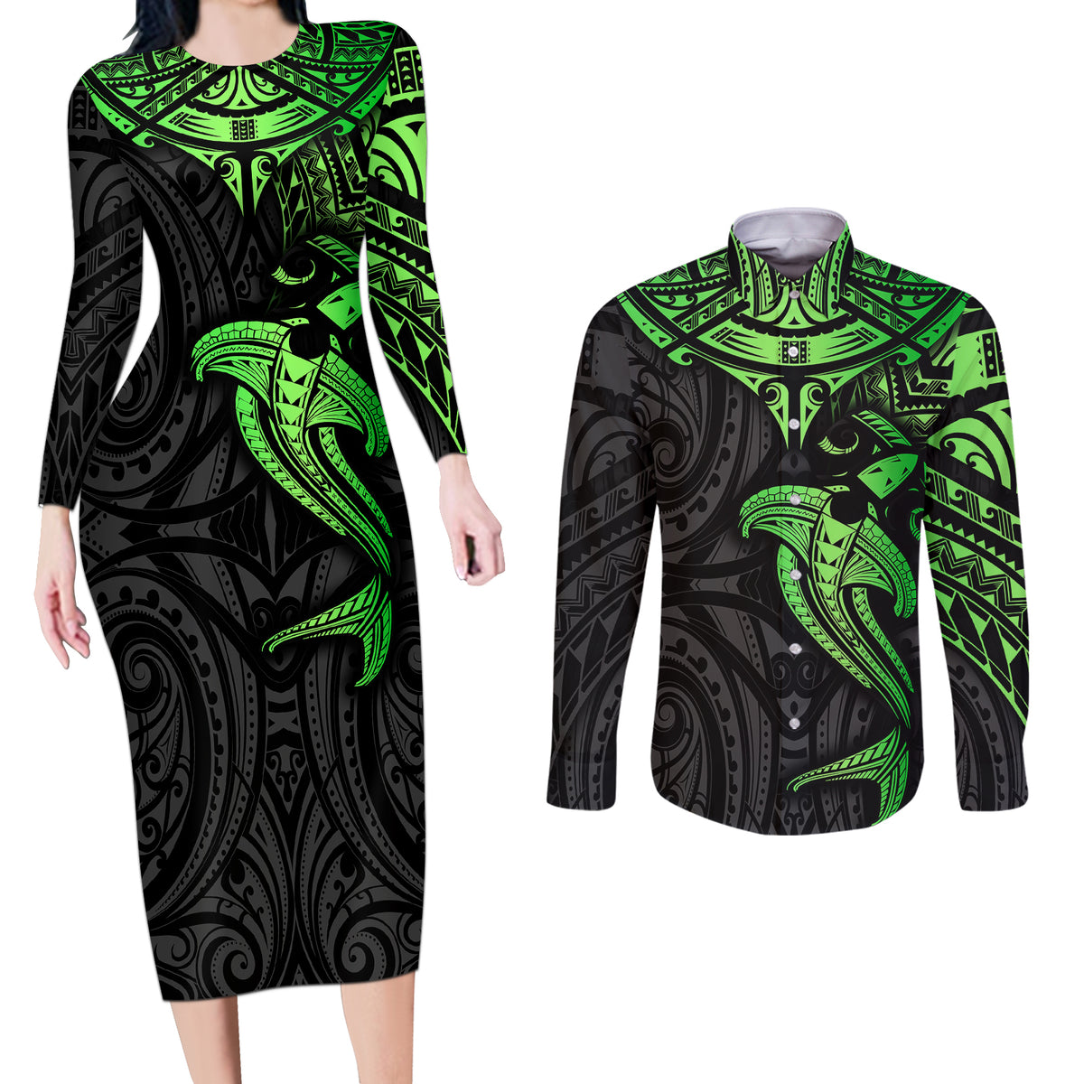 Polynesian Couples Matching Long Sleeve Bodycon Dress and Long Sleeve Button Shirts Hammerhead Shark Tribal Pattern Black Green Version TS04 Black/Green - Polynesian Pride