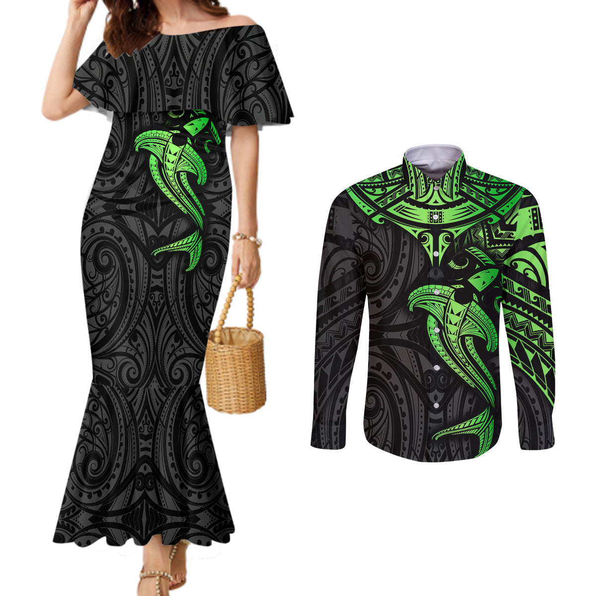 Polynesian Couples Matching Mermaid Dress and Long Sleeve Button Shirts Hammerhead Shark Tribal Pattern Black Green Version TS04 Black/Green - Polynesian Pride