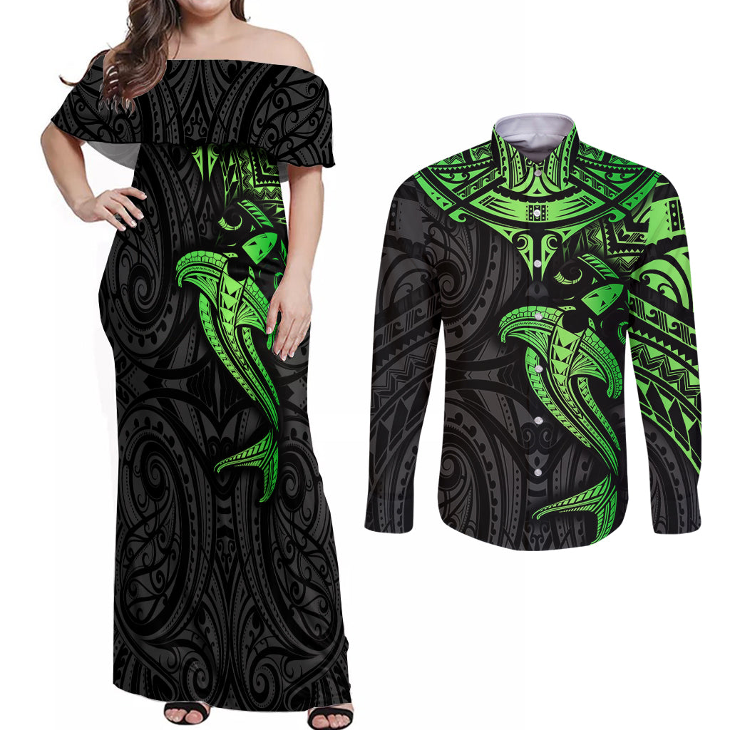 Polynesian Couples Matching Off Shoulder Maxi Dress and Long Sleeve Button Shirts Hammerhead Shark Tribal Pattern Black Green Version TS04 Black/Green - Polynesian Pride