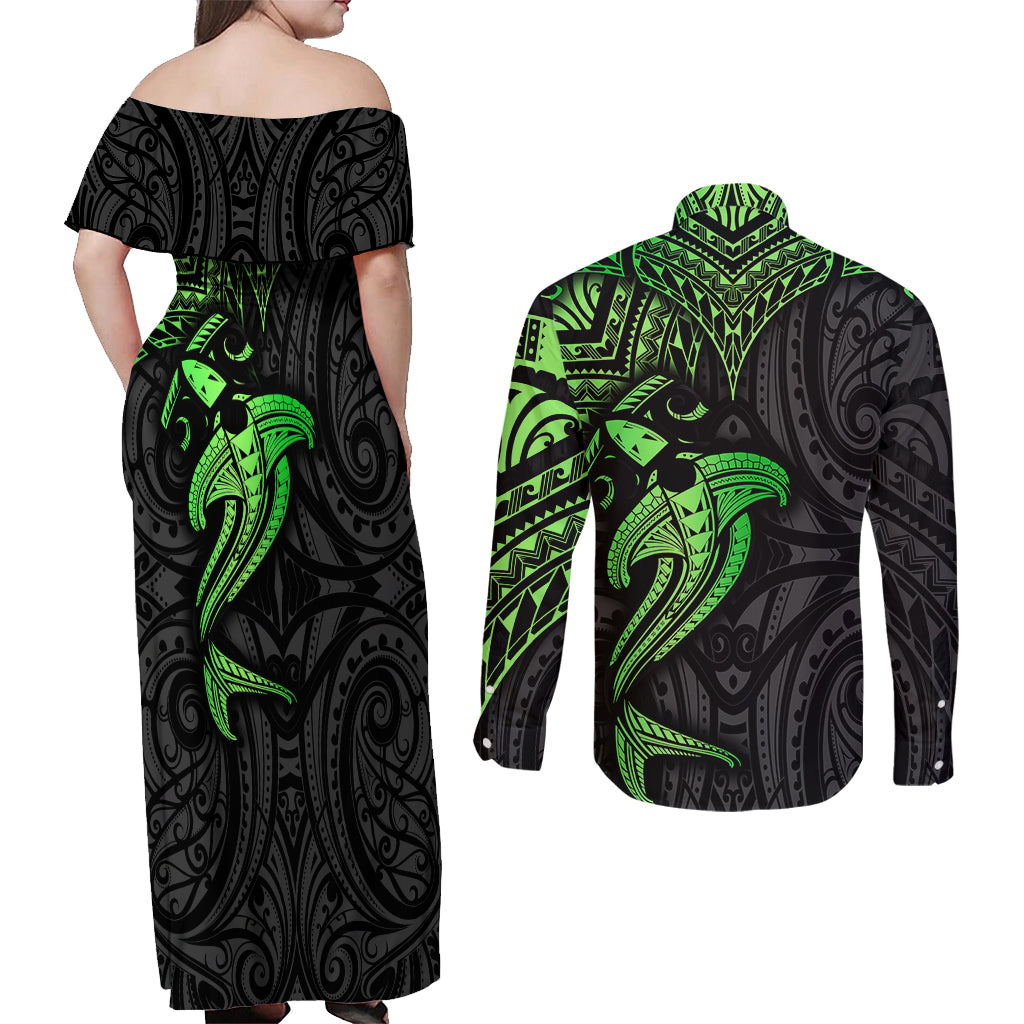Polynesian Couples Matching Off Shoulder Maxi Dress and Long Sleeve Button Shirts Hammerhead Shark Tribal Pattern Black Green Version TS04 - Polynesian Pride