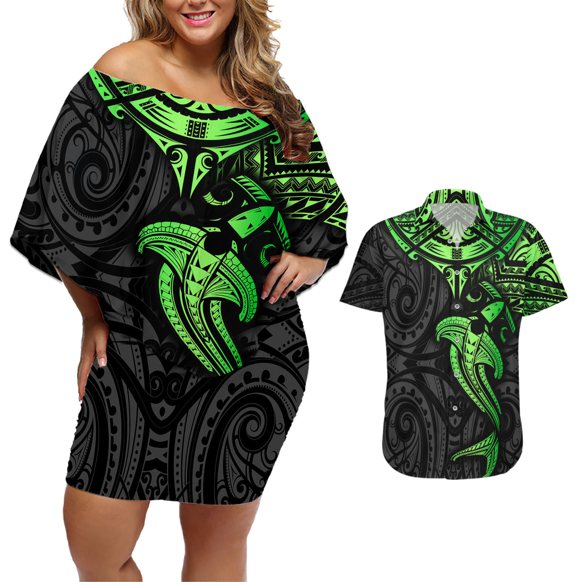 Polynesian Couples Matching Off Shoulder Short Dress and Hawaiian Shirt Hammerhead Shark Tribal Pattern Black Green Version TS04 Black/Green - Polynesian Pride