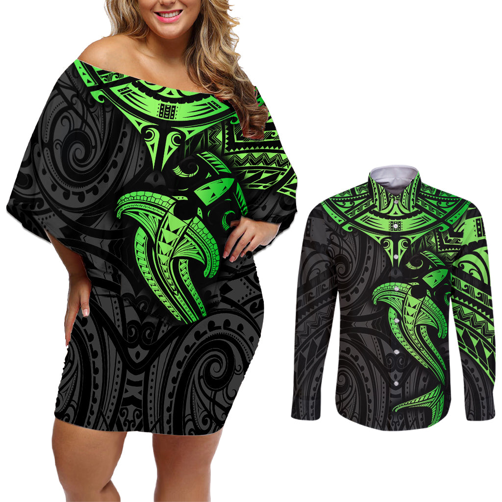 Polynesian Couples Matching Off Shoulder Short Dress and Long Sleeve Button Shirts Hammerhead Shark Tribal Pattern Black Green Version TS04 Black/Green - Polynesian Pride