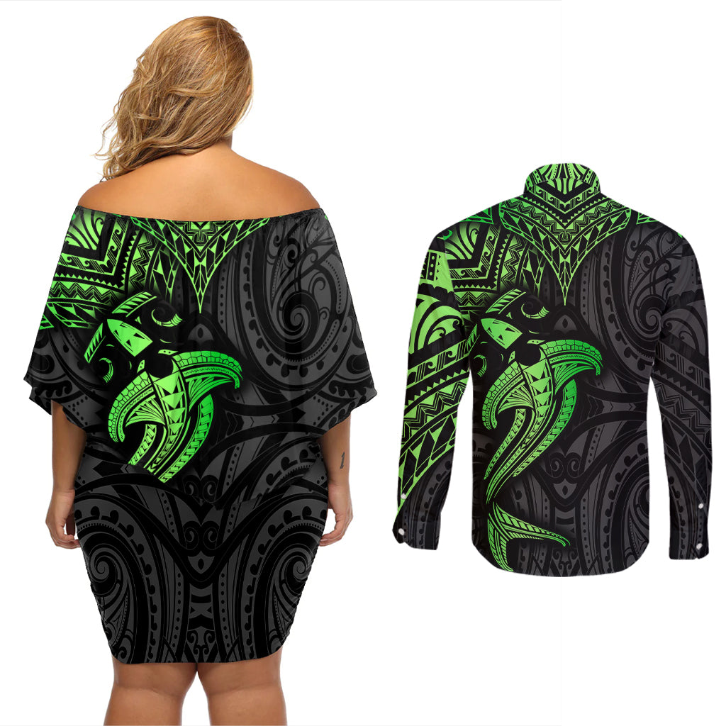 Polynesian Couples Matching Off Shoulder Short Dress and Long Sleeve Button Shirts Hammerhead Shark Tribal Pattern Black Green Version TS04 - Polynesian Pride