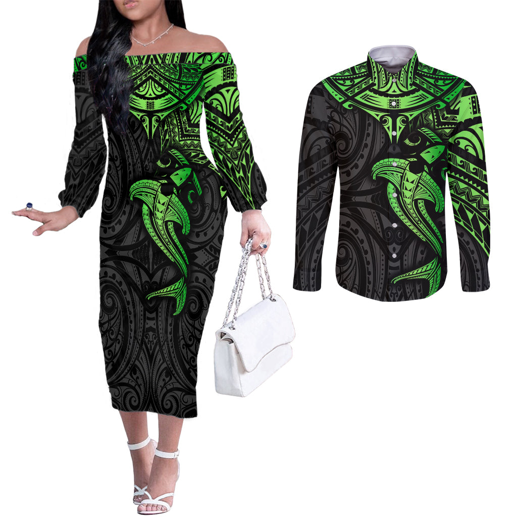 Polynesian Couples Matching Off The Shoulder Long Sleeve Dress and Long Sleeve Button Shirts Hammerhead Shark Tribal Pattern Black Green Version TS04 Black/Green - Polynesian Pride