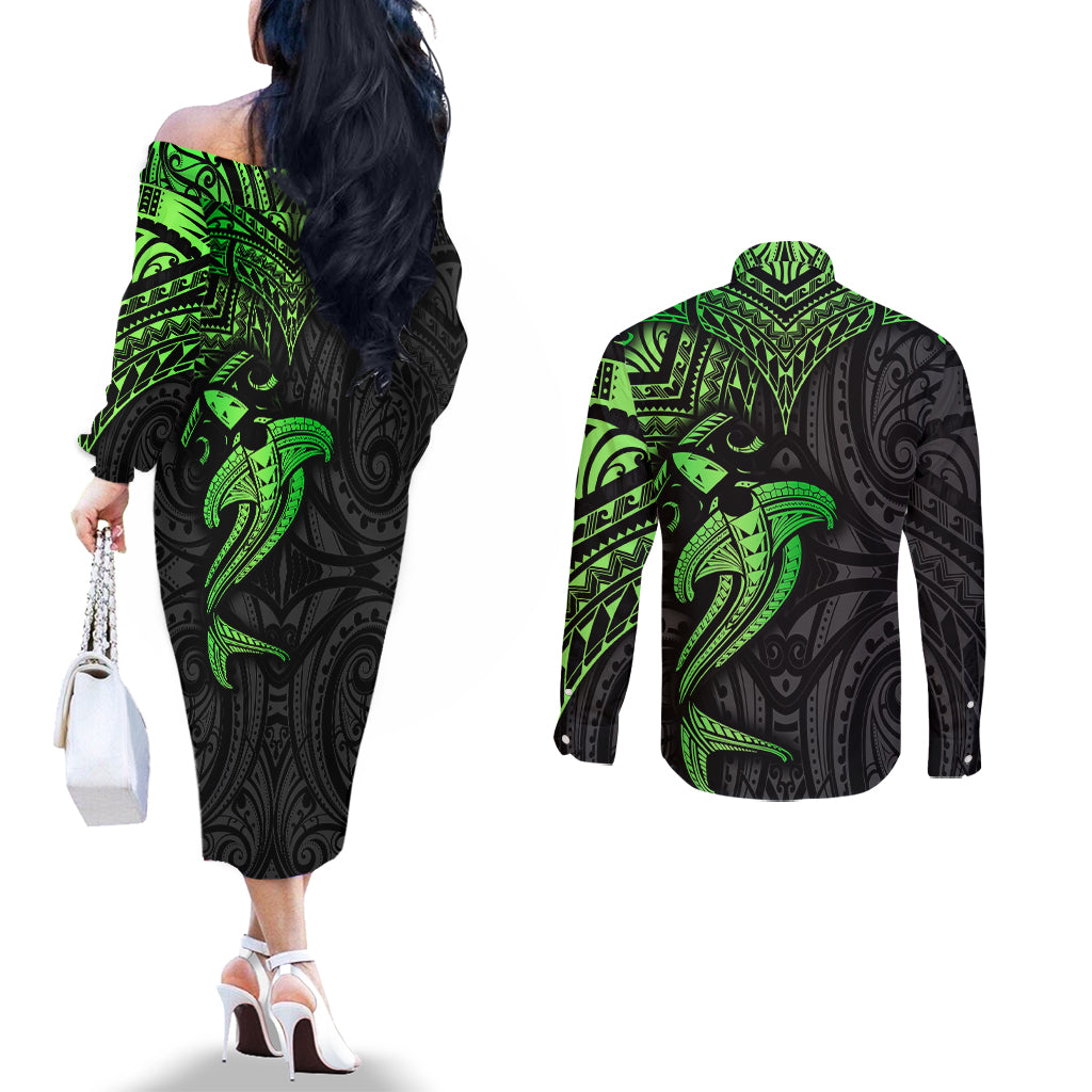 Polynesian Couples Matching Off The Shoulder Long Sleeve Dress and Long Sleeve Button Shirts Hammerhead Shark Tribal Pattern Black Green Version TS04 - Polynesian Pride