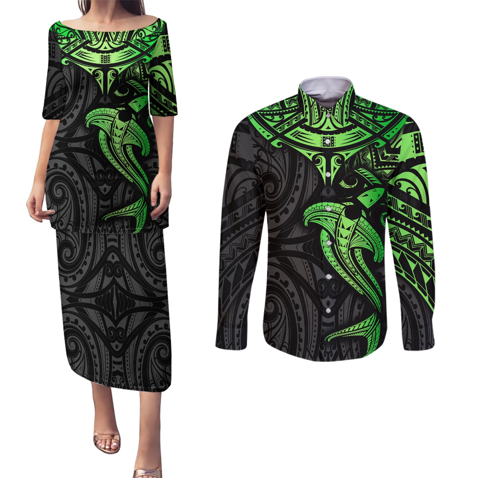 Polynesian Couples Matching Puletasi Dress and Long Sleeve Button Shirts Hammerhead Shark Tribal Pattern Black Green Version TS04 Black/Green - Polynesian Pride