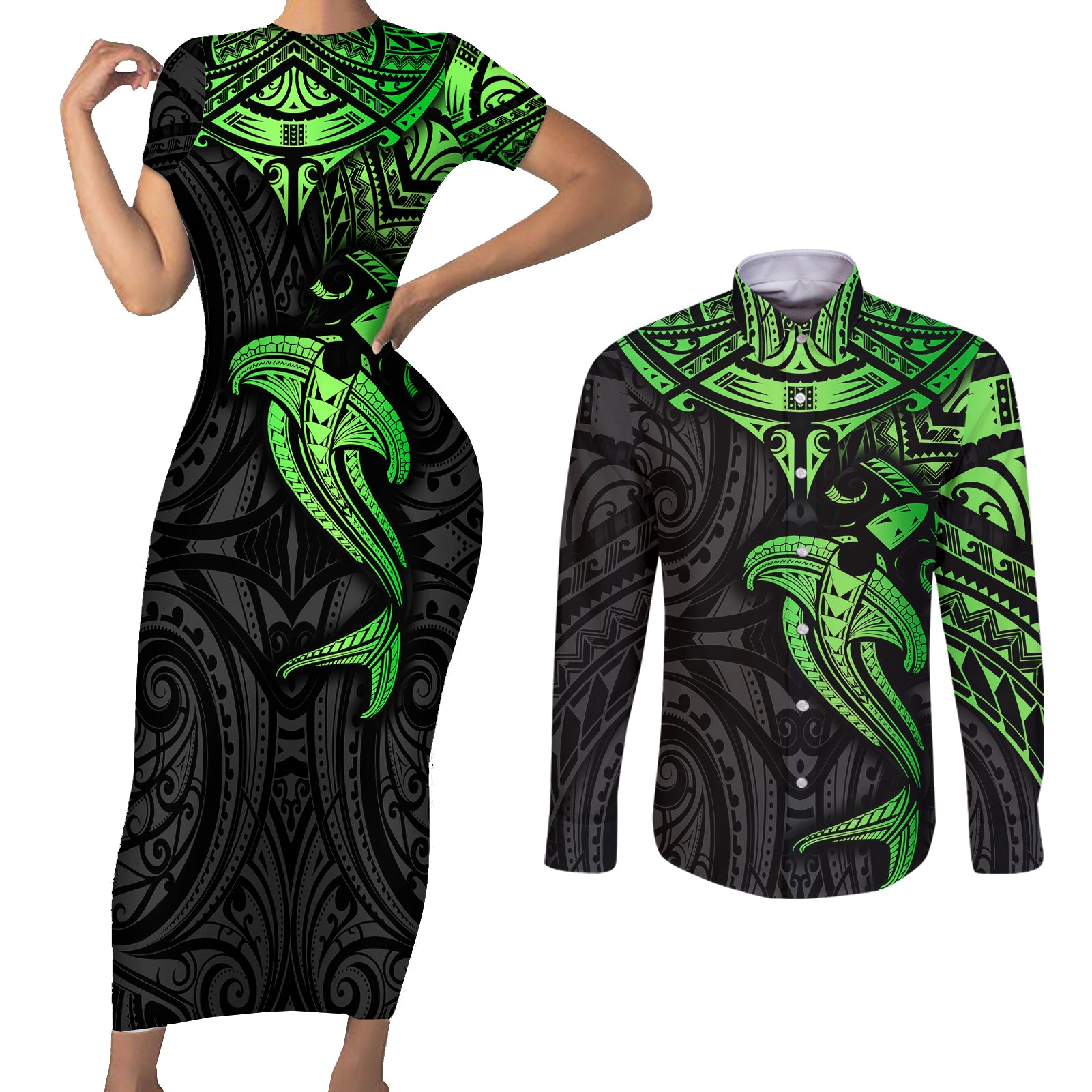 Polynesian Couples Matching Short Sleeve Bodycon Dress and Long Sleeve Button Shirts Hammerhead Shark Tribal Pattern Black Green Version TS04 Black/Green - Polynesian Pride