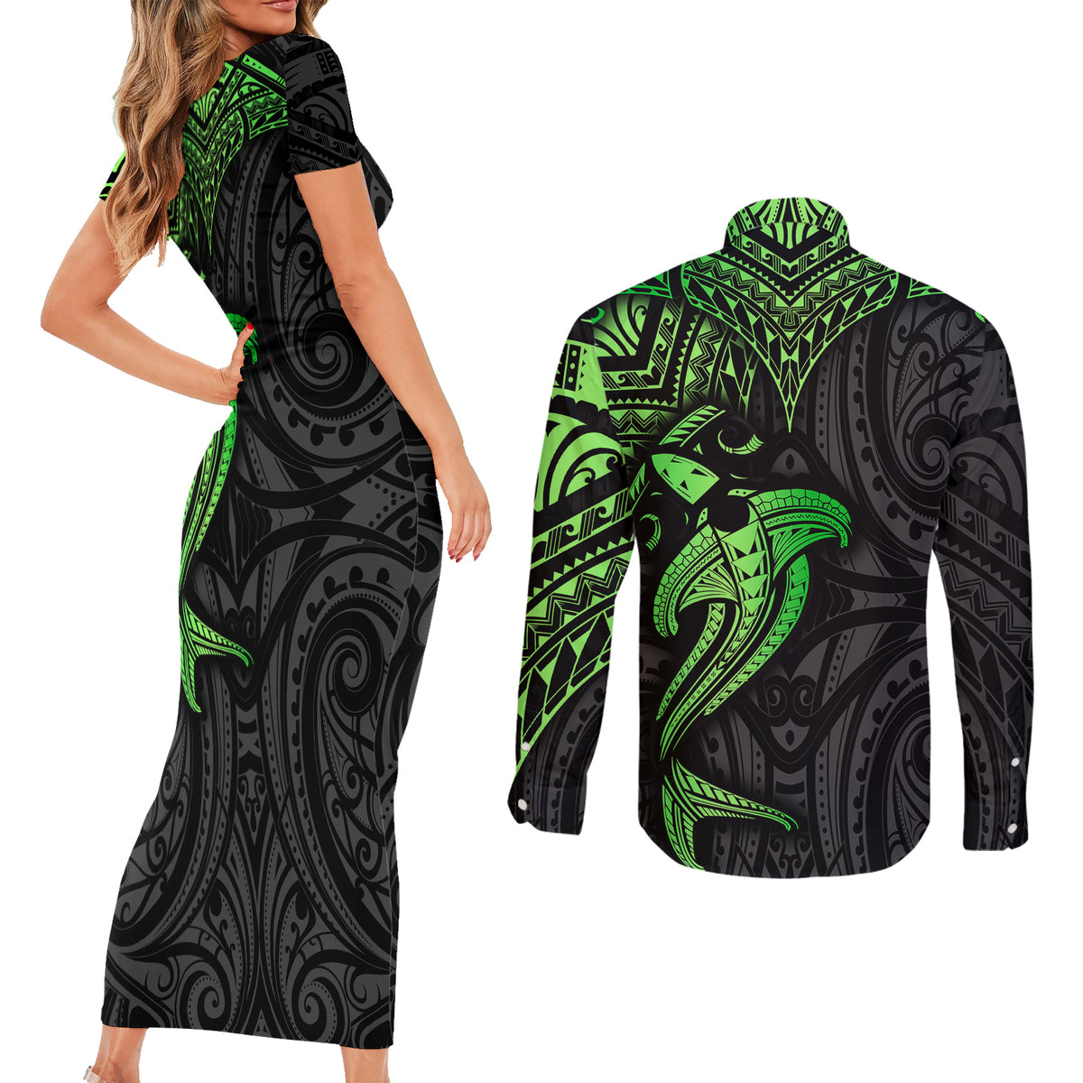 Polynesian Couples Matching Short Sleeve Bodycon Dress and Long Sleeve Button Shirts Hammerhead Shark Tribal Pattern Black Green Version TS04 - Polynesian Pride