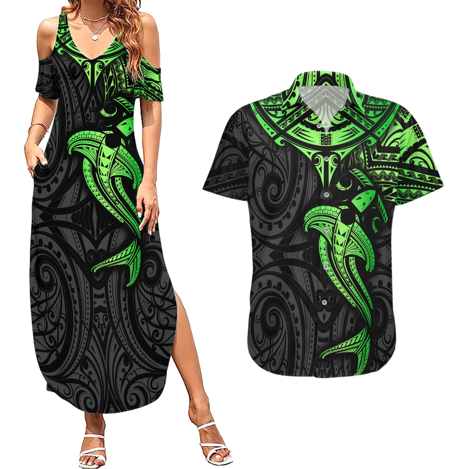 Polynesian Couples Matching Summer Maxi Dress and Hawaiian Shirt Hammerhead Shark Tribal Pattern Black Green Version TS04 Black/Green - Polynesian Pride