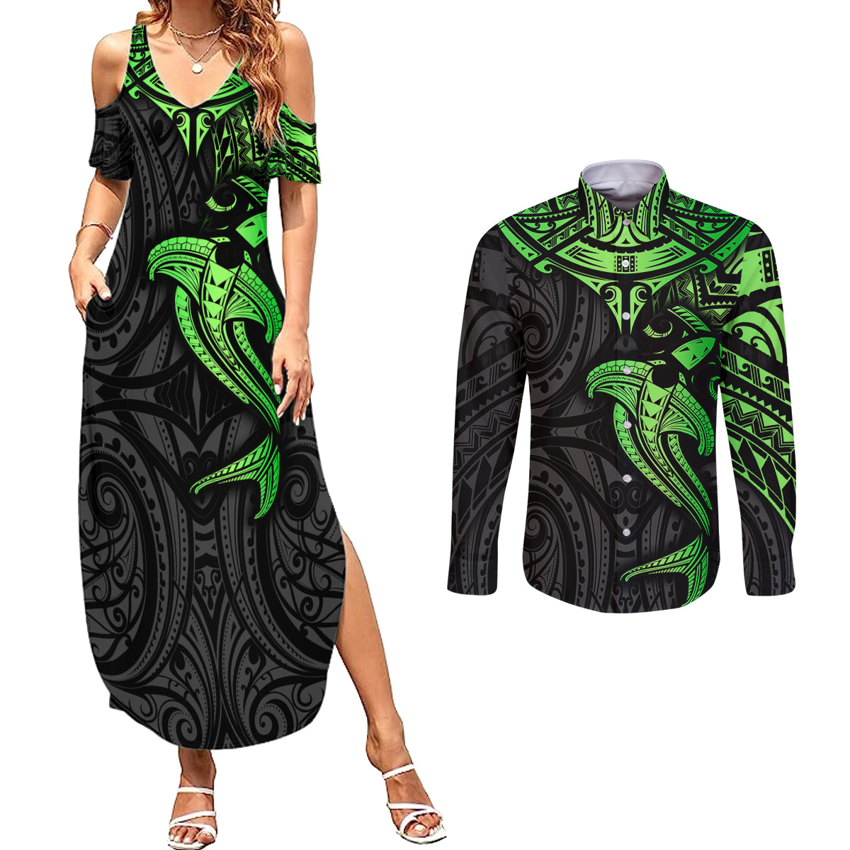 Polynesian Couples Matching Summer Maxi Dress and Long Sleeve Button Shirts Hammerhead Shark Tribal Pattern Black Green Version TS04 Black/Green - Polynesian Pride